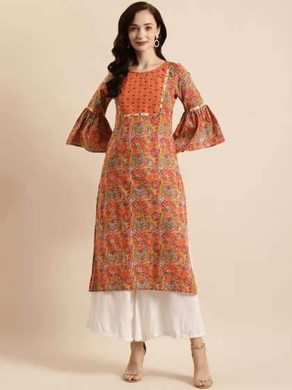 Anouk Orange Floral Printed Bell Sleeves Pure Cotton Straight Kurta