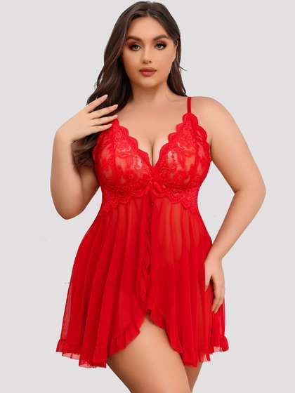 Herryqeal Women Plus
                        Size Self Design Shoulder Straps Asymmetric Lace
                        Baby Doll