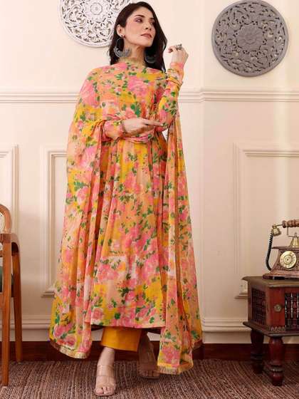 KALINI Floral Printed Anarkali Kurta with Trousers & With Dupatta