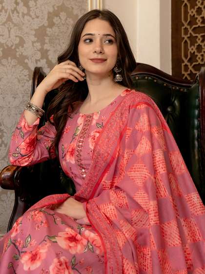 KALINI Floral
                        Printed Mirror Work Straight Kurta With Trousers
                        & Dupatta