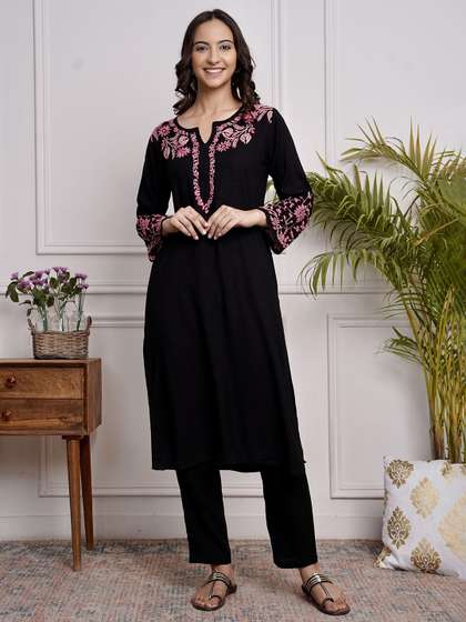 HOUSE OF KARI Floral Printed Thread Work Cotton Straight Kurta