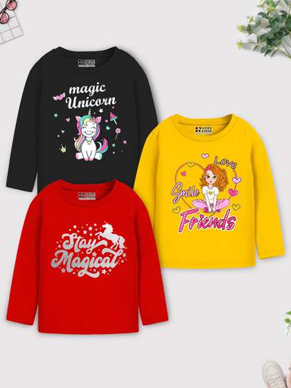 HERE&NOW Girls Pack
                    Of 3 Graphic Printed Round Neck Cotton T-Shirt