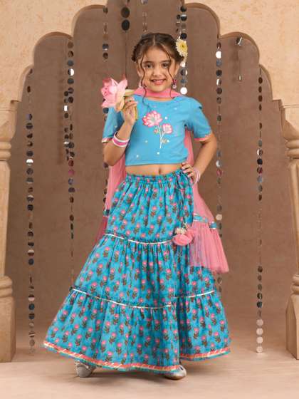 LIL DRAMA Girls Printed
                    Ready to Wear Cotton Lehenga & Blouse With
                    Dupatta