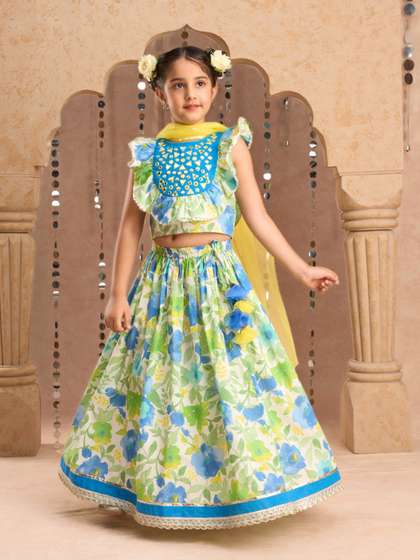 LIL DRAMA Girls Floral
                      Printed Ready to Wear Cotton Lehenga & Blouse
                      With Dupatta