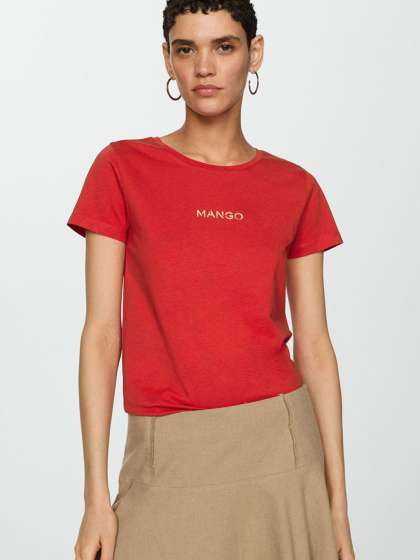 MANGO Women Brand Logo Printed Pure Cotton T-shirt