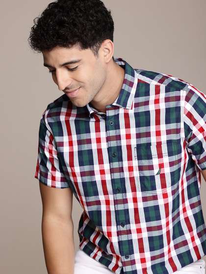 Nautica Slim Fit Checked Button-Down Collar Pure Cotton Casual Shirt