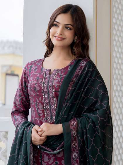 KALINI Floral
                        Printed Notch Neck Straight Kurta With Trousers
                        & Dupatta