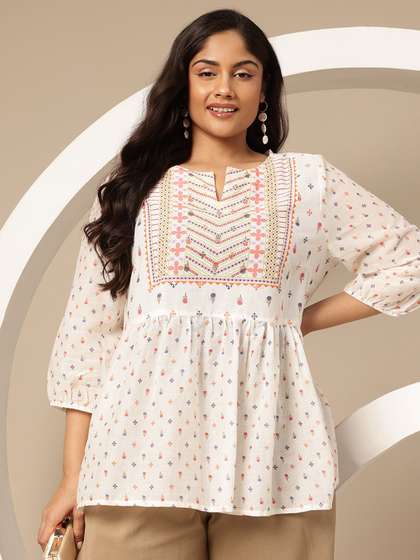 Sztori X fwd Plus Size Ethnic Motifs Print Pure Cotton Pleated Short Kurti