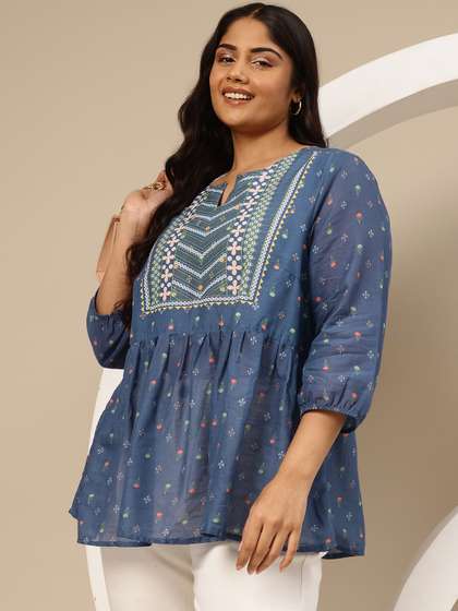 Sztori Plus Size Ethnic Motifs Print Pleated A-Line Pure Cotton Short Kurti