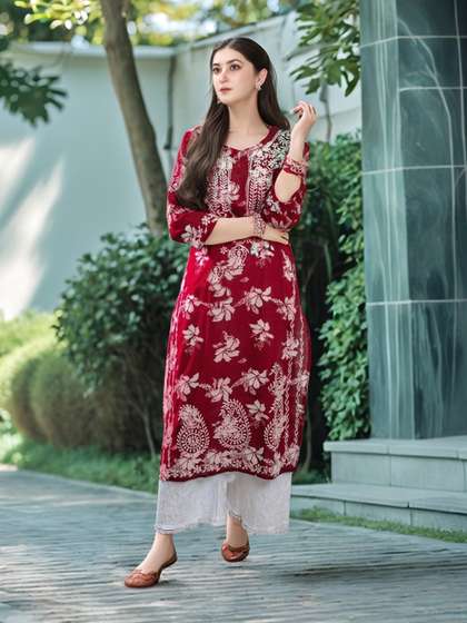 GoSriKi Floral Printed Chikankari Straight Kurta