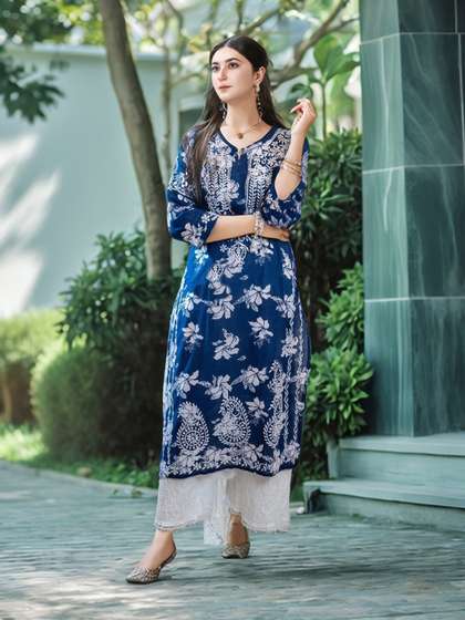 GoSriKi Floral Printed Chikankari Straight Kurta