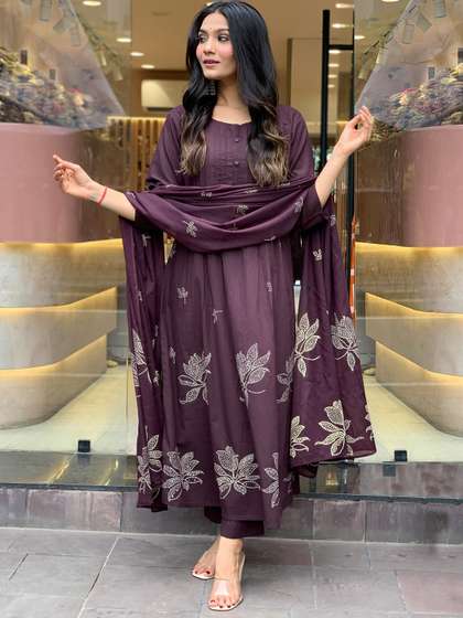 GoSriKi Floral
                        Printed Round Neck Anarkali Kurta With Trousers
                        & Dupatta