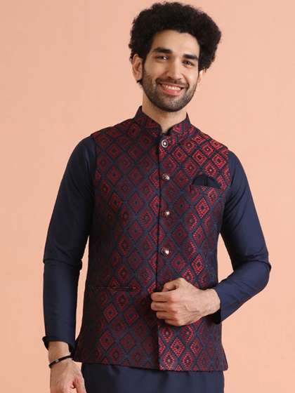 KISAH Men Jacquard
                          Regular Fit Geometric Nehru Jacket