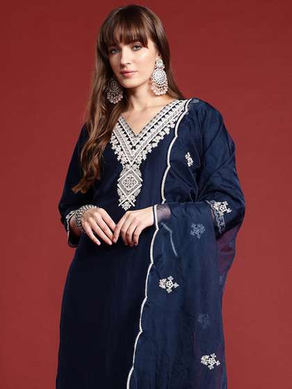 Indo Era Ethnic Motifs Embroidered Lace Detailed Kurta & Trousers With Dupatta