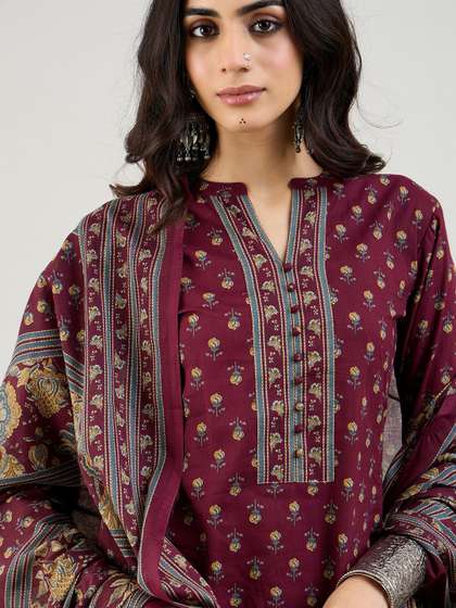 Indo Era Burgundy
                          Floral Printed Mandarin Collar Pure Cotton
                          Kurta with Salwar & Dupatta