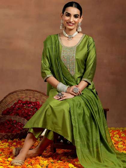 Gerua By Libas Ethnic Motifs Yoke Design Sequinned Straight Kurta With Trouser & Dupatta