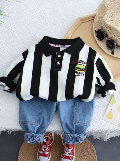 Googo Gaaga Boys Striped
                    Polo Collar Cotton T-Shirt With joggers