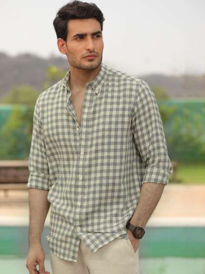 PERCH Men India Slim
                        Grid Tattersall Checked Linen Blend Casual
                        Shirt