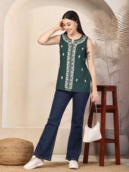 QAZMI Iqra Kashmiri Aari Work Sleeveless Kurti