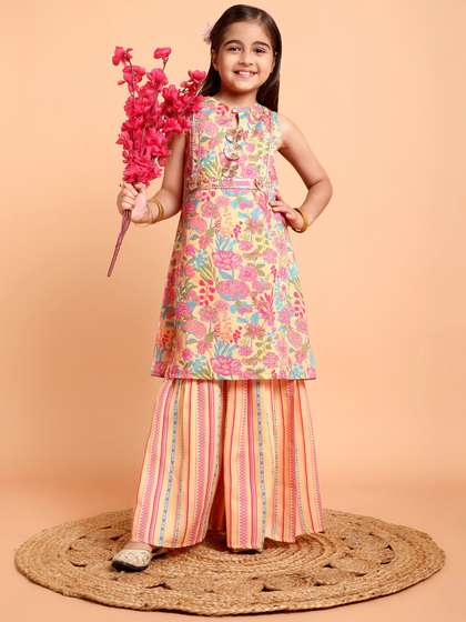 Sangria Girls Floral
                    Printed Pleated Kurta with Sharara