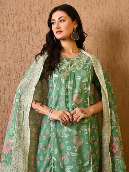 KEOSA Women Floral Printed Regular Pure Cotton Kurta with Trousers & With Dupatta