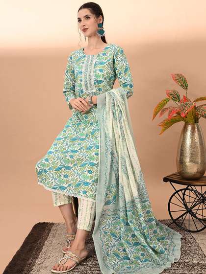 KEOSA Women Floral Printed Regular Pure Cotton Kurta with Trousers & With Dupatta