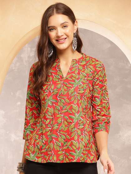 Anouk Rustic Women Floral Printed Mandarin Collar Cotton Top
