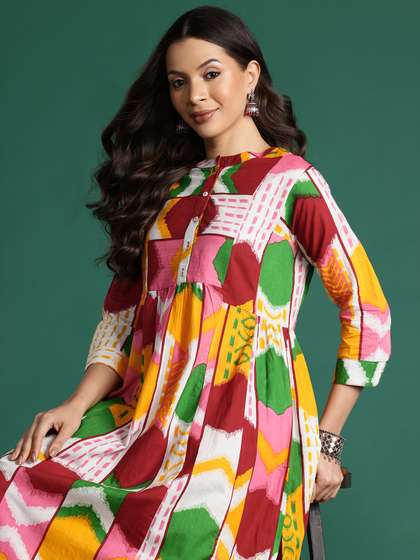 Sangria Printed Pleated Pure Cotton Kurta with Palazzos