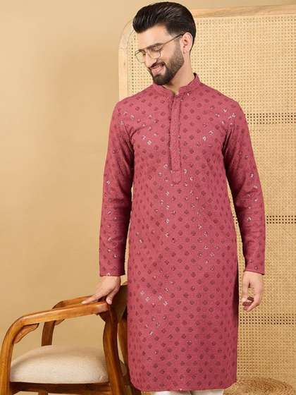 Ethnic Bay Men Embroidered Mandarin Collar Long Sleeves Chikankari Kurta