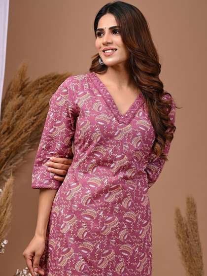 Rimeline Ethnic
                          Motifs Printed Pure Cotton Straight Kurta
