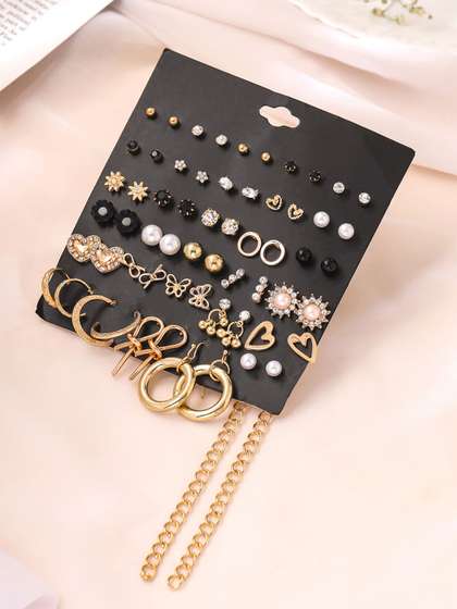 Yellow Chimes Set Of 30
                    Gold-Plated Stone Studded & Beaded Studs, Hoop
                    & Drop Earrings