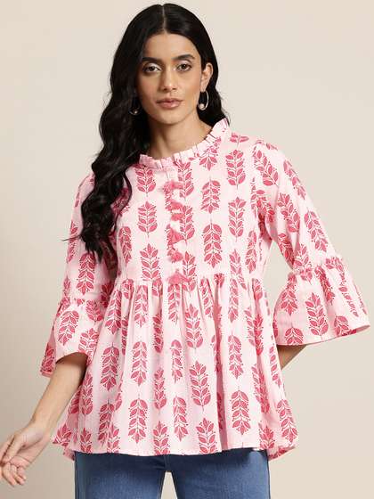 HERE&NOW Floral Printed Thread Work Pure Cotton Kurti
