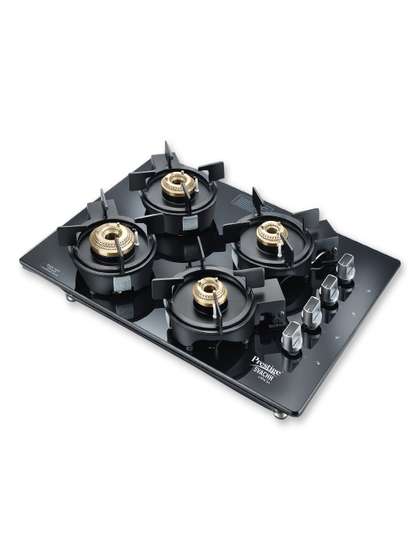 Prestige Svachh Efficia Black 4 Brass Burners Auto Ignition Glass Gas Stove