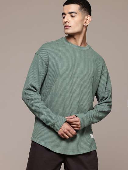 Roadster The Lifestyle Co. Self-Striped Drop-Shoulder Sleeves Oversized T-shirt