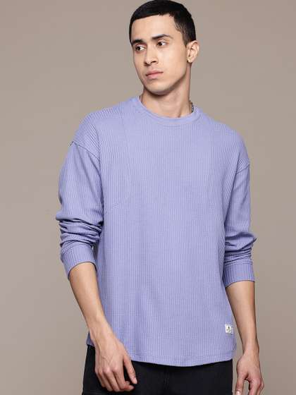 Roadster The Lifestyle Co. Self-Striped Drop-Shoulder Sleeves Oversized T-shirt