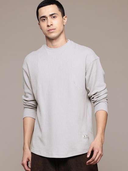 Roadster The Lifestyle Co. Self-Striped Drop-Shoulder Sleeves Oversized T-shirt