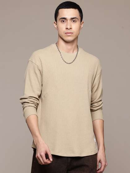 Roadster The Lifestyle Co. Self-Striped Drop-Shoulder Sleeves Oversized T-shirt