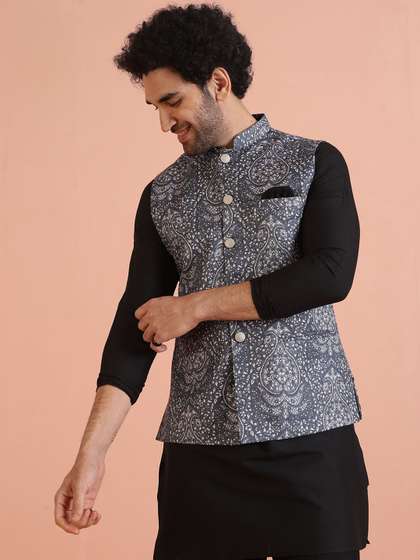 KISAH Men Mandarin
                        Collar Printed Woven Nehru Jacket