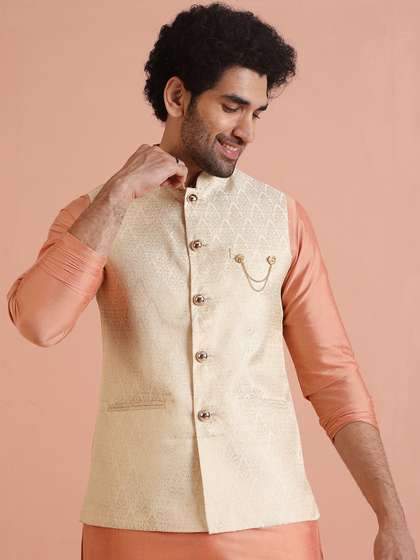 KISAH Men Ethnic
                        Motifs Mandarin Collar Woven Design Nehru
                        Jacket