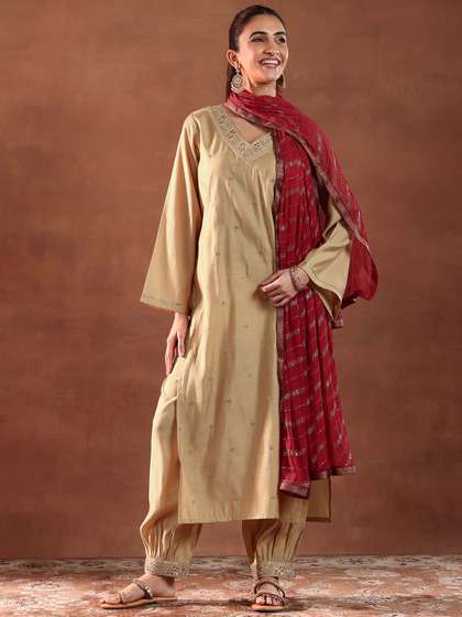 Gerua By Libas Floral Embroidered Sequinned V-Neck Straight Kurta with Salwar & Dupatta