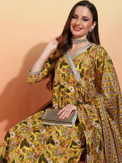 Anouk Yellow Floral Printed Gotta Patti Pure Cotton Anarkali Kurta With Trousers & Dupatta