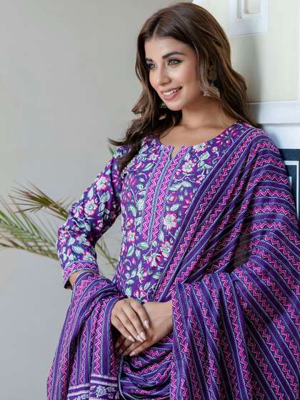 Anouk Purple Floral Printed Notch Neck Pure Cotton Straight Kurta With Trousers & Dupatta