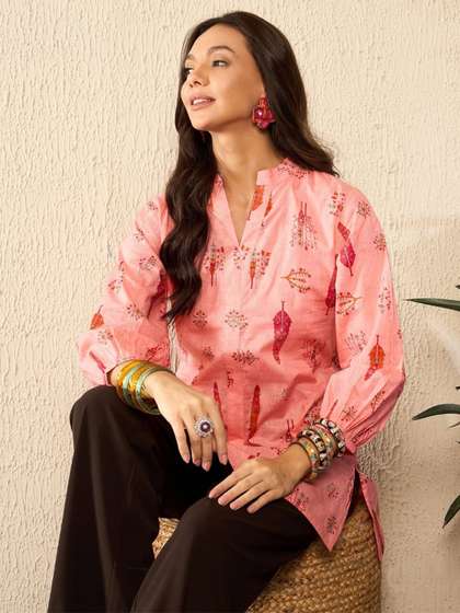 KALINI Print Mandarin Collar Puff Sleeve Ethnic Cotton Longline Top