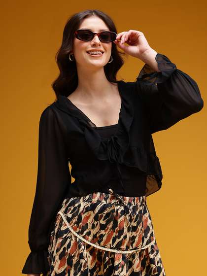 HERE&NOW
                      Front-Open Ruffle Detail Semi-Sheer Shrug