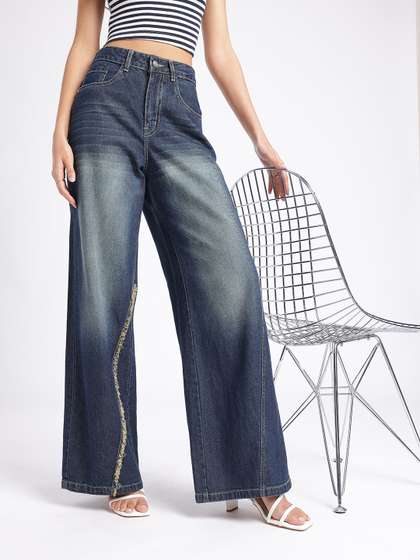 glitchez Women Baggy
                        Wide Leg High-Rise Light Fade Panelling Frayed
                        Jeans