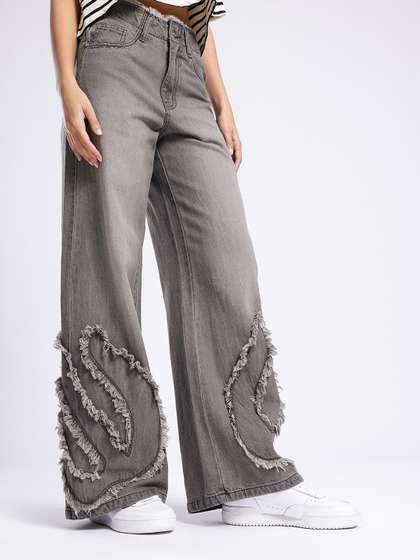 glitchez Women
                          Pure Cotton Baggy Wide Leg High-Rise Faded
                          Applique Frayed Jeans