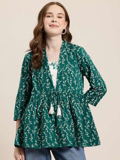 HERE&NOW Floral Printed Square Neck Pure Cotton Empire Kurti