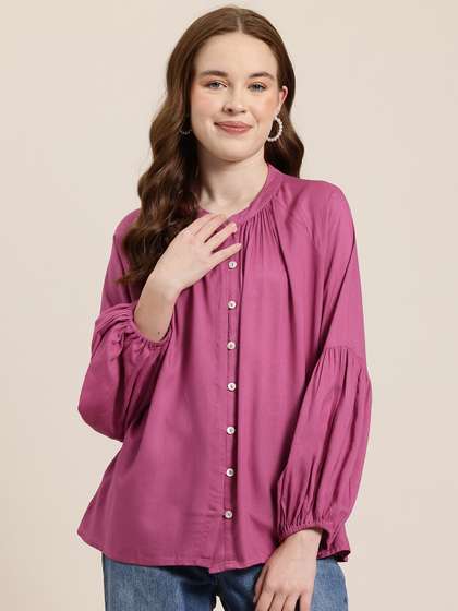 HERE&NOW Mandarin Collar Puff Sleeves Shirt Style Longline Top