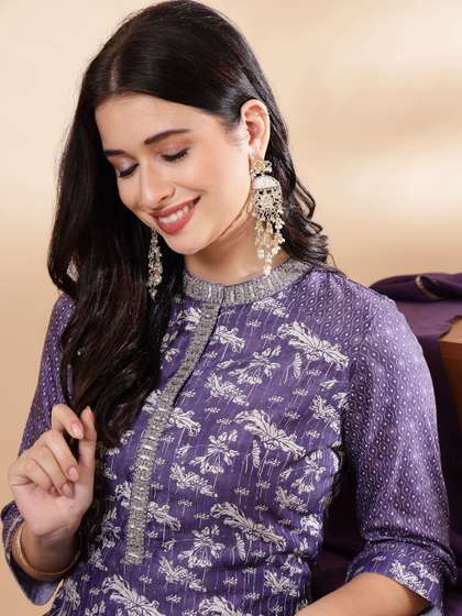 Nayam By Lakshita
                          Floral Printed Sequinned Kurta with Trouser
                          & Dupatta