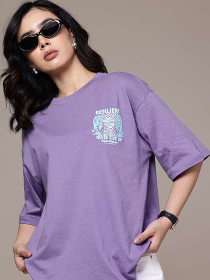 The Roadster Life
                          Co. Printed Drop-Shoulder Sleeves Oversized
                          Pure Cotton T-shirt